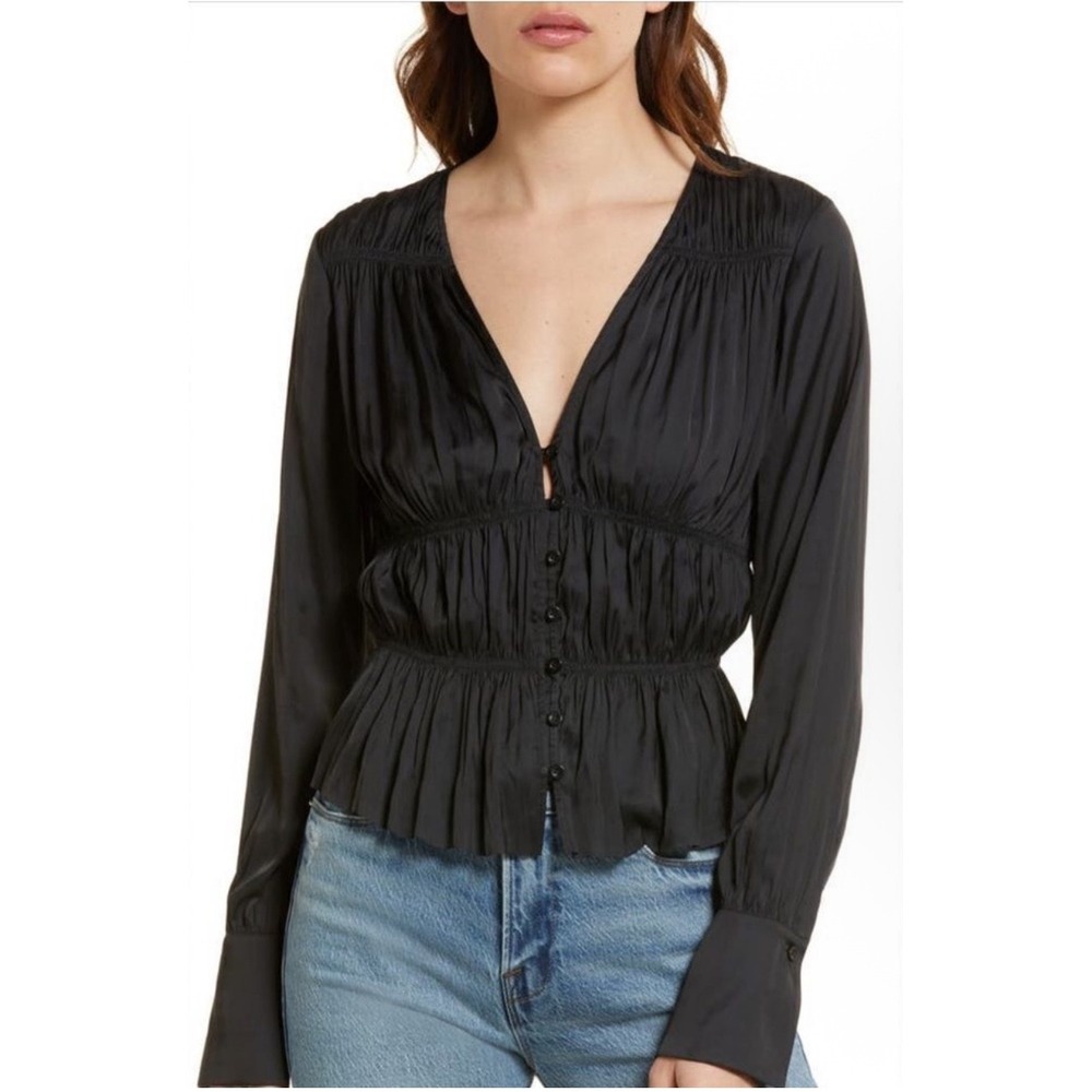 New! FRAME Shirred V-Neck Blouse in Black Sz Large $398